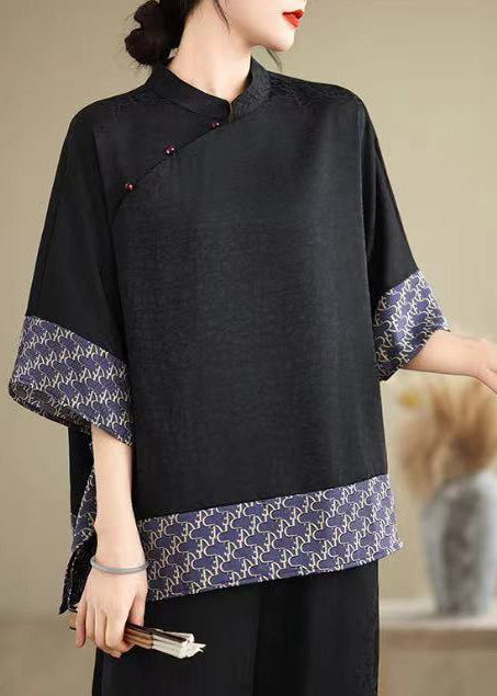 New Retro Blue Print Patchwork Silk Oriental Tops Summer
