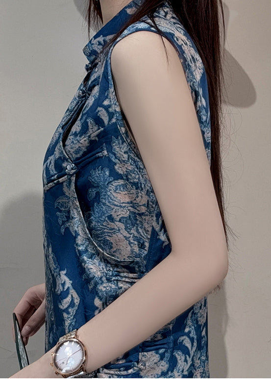 New Retro Blue Print Side Open Silk Oriental Dress Summer
