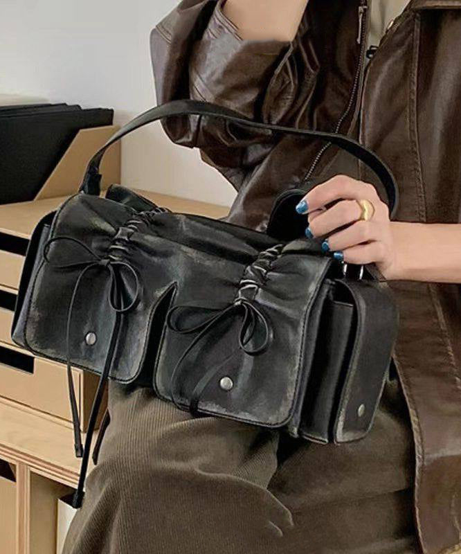 New Retro Brown Pockets Bow Faux Leather Satchel Handbag