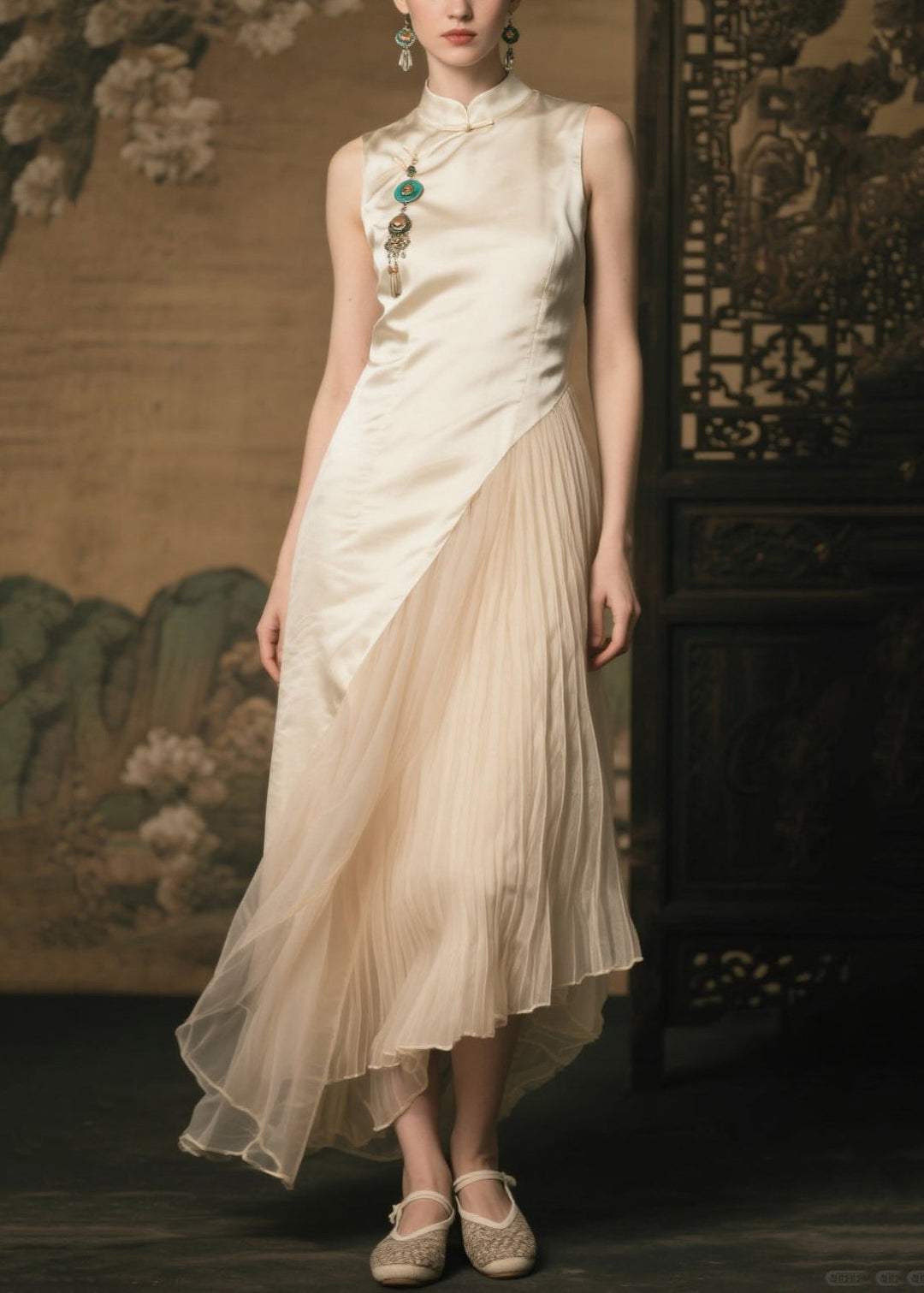 New Retro Champagne Mandarin Collar Patchwork Silk Pleated Dresses Summer