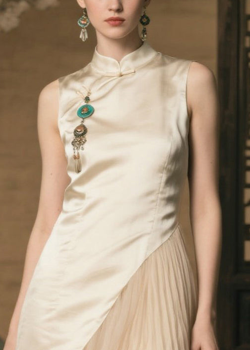 New Retro Champagne Mandarin Collar Patchwork Silk Pleated Dresses Summer