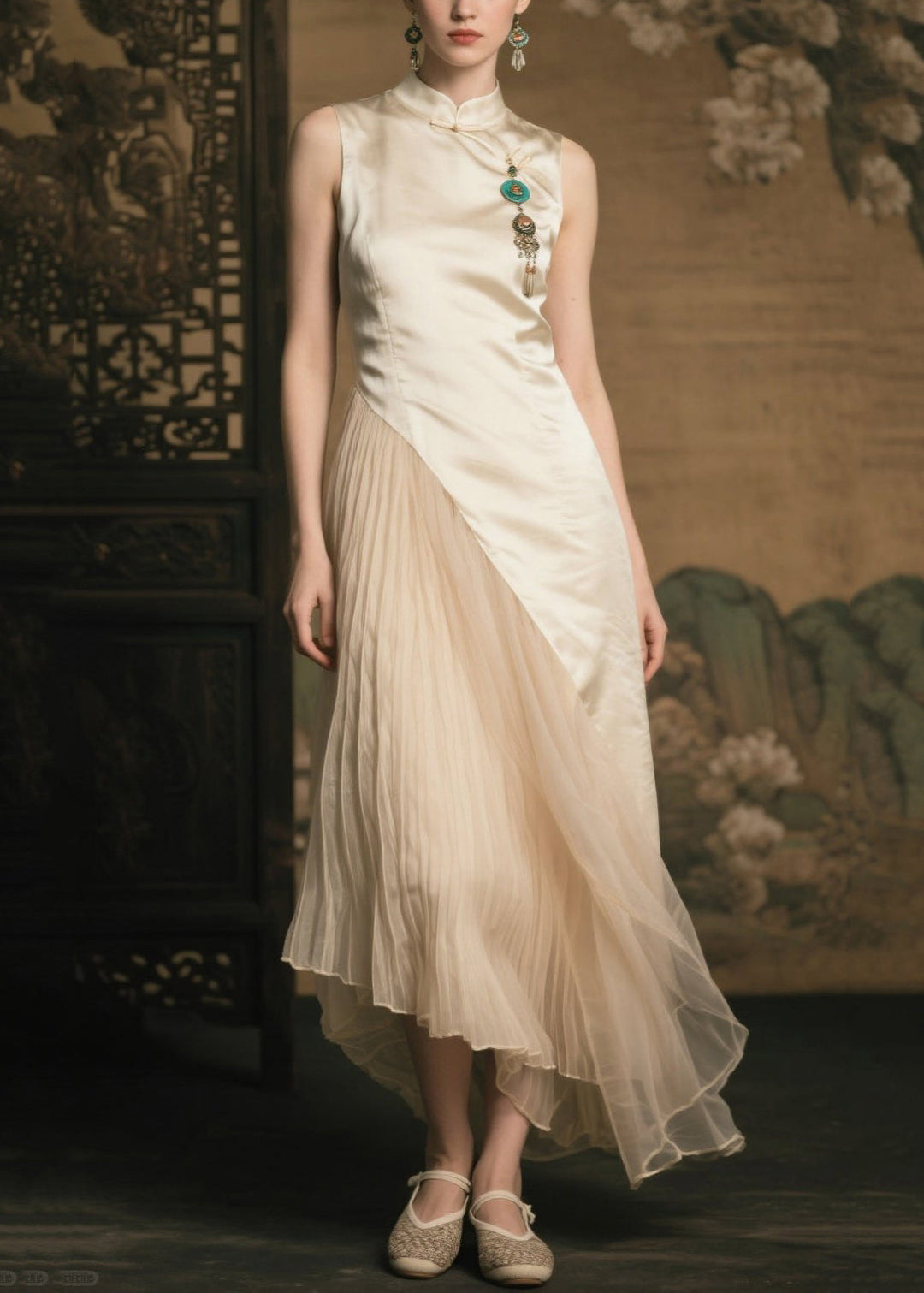 New Retro Champagne Mandarin Collar Patchwork Silk Pleated Dresses Summer