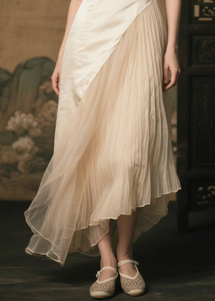 New Retro Champagne Mandarin Collar Patchwork Silk Pleated Dresses Summer