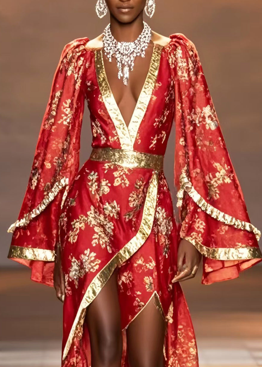 New Retro Chinese Red Asymmetrical Design Chiffon Wedding Dress Flare Sleeve