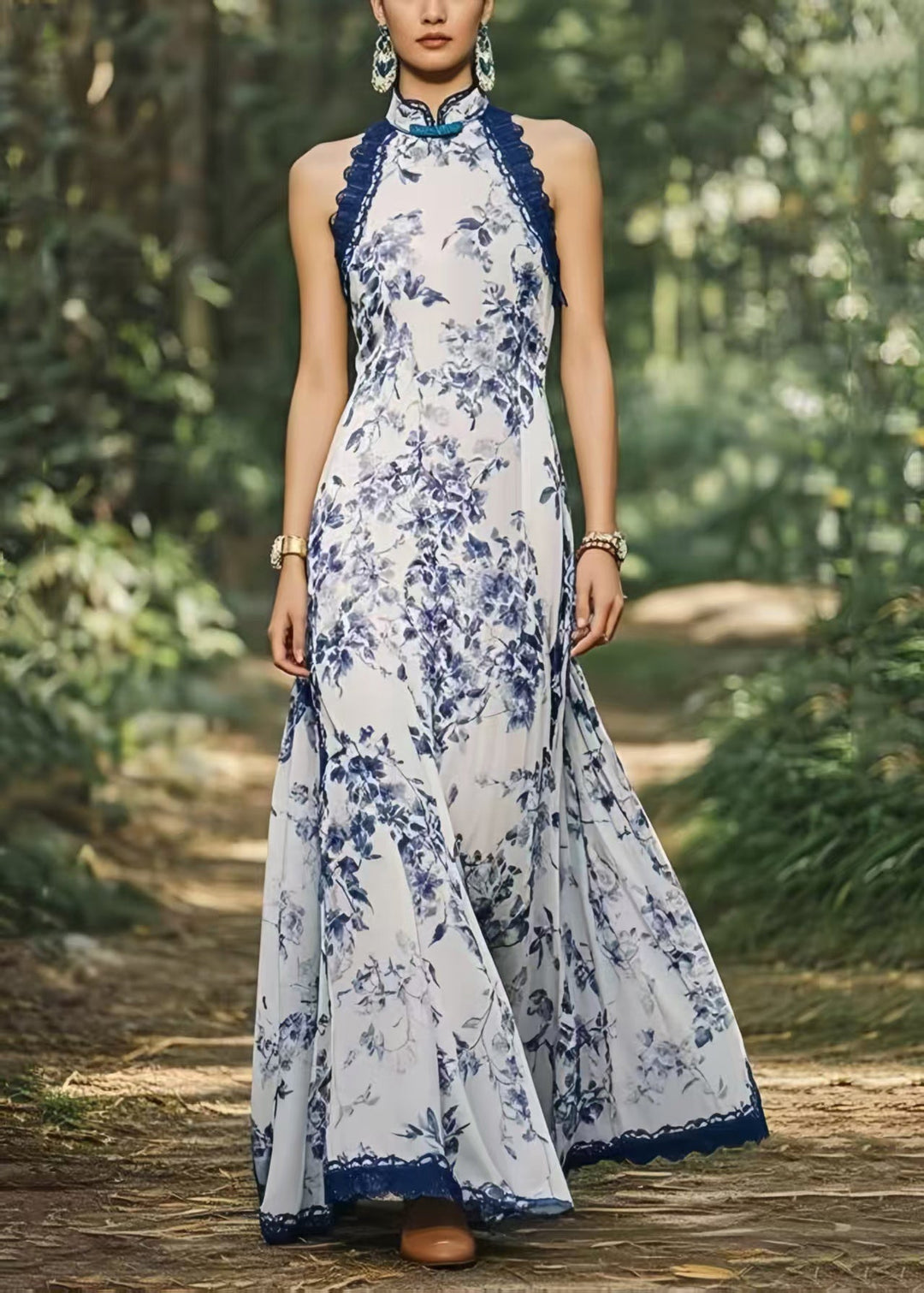 New Retro Cold Shoulder Print Chiffon Party Dress Summer