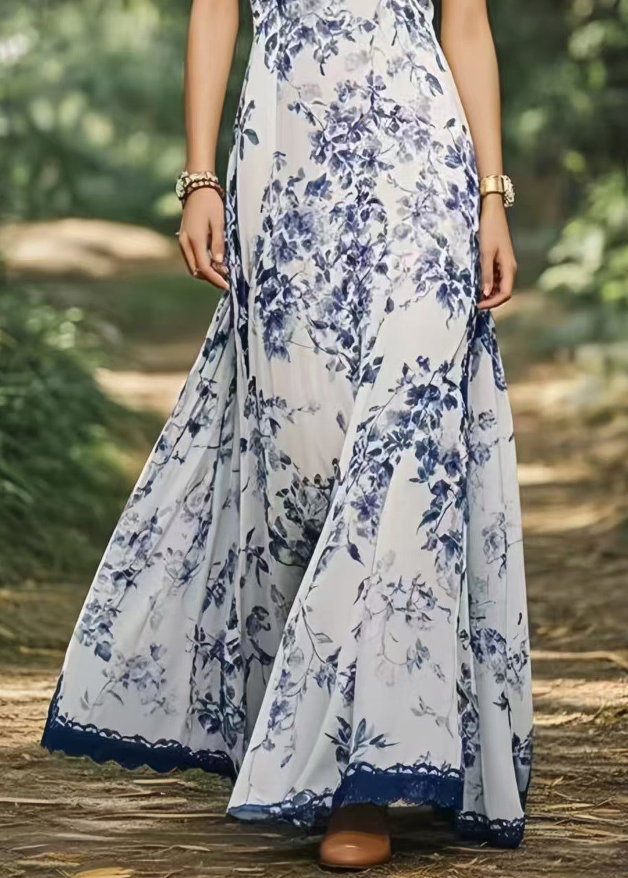 New Retro Cold Shoulder Print Chiffon Party Dress Summer