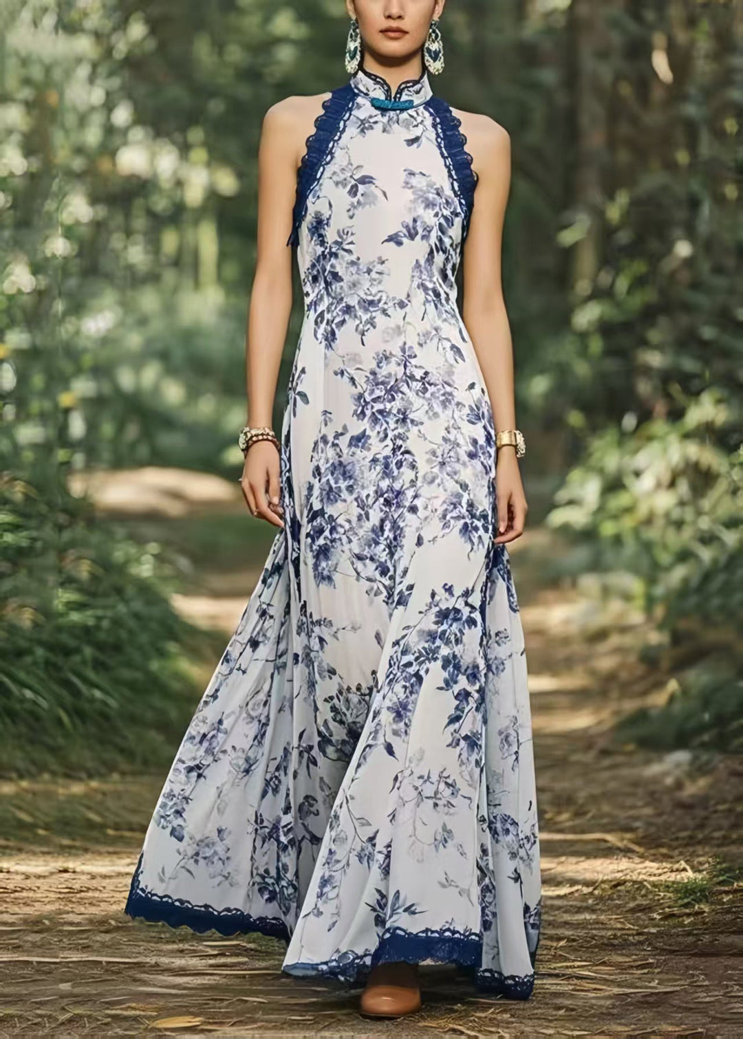 New Retro Cold Shoulder Print Chiffon Party Dress Summer
