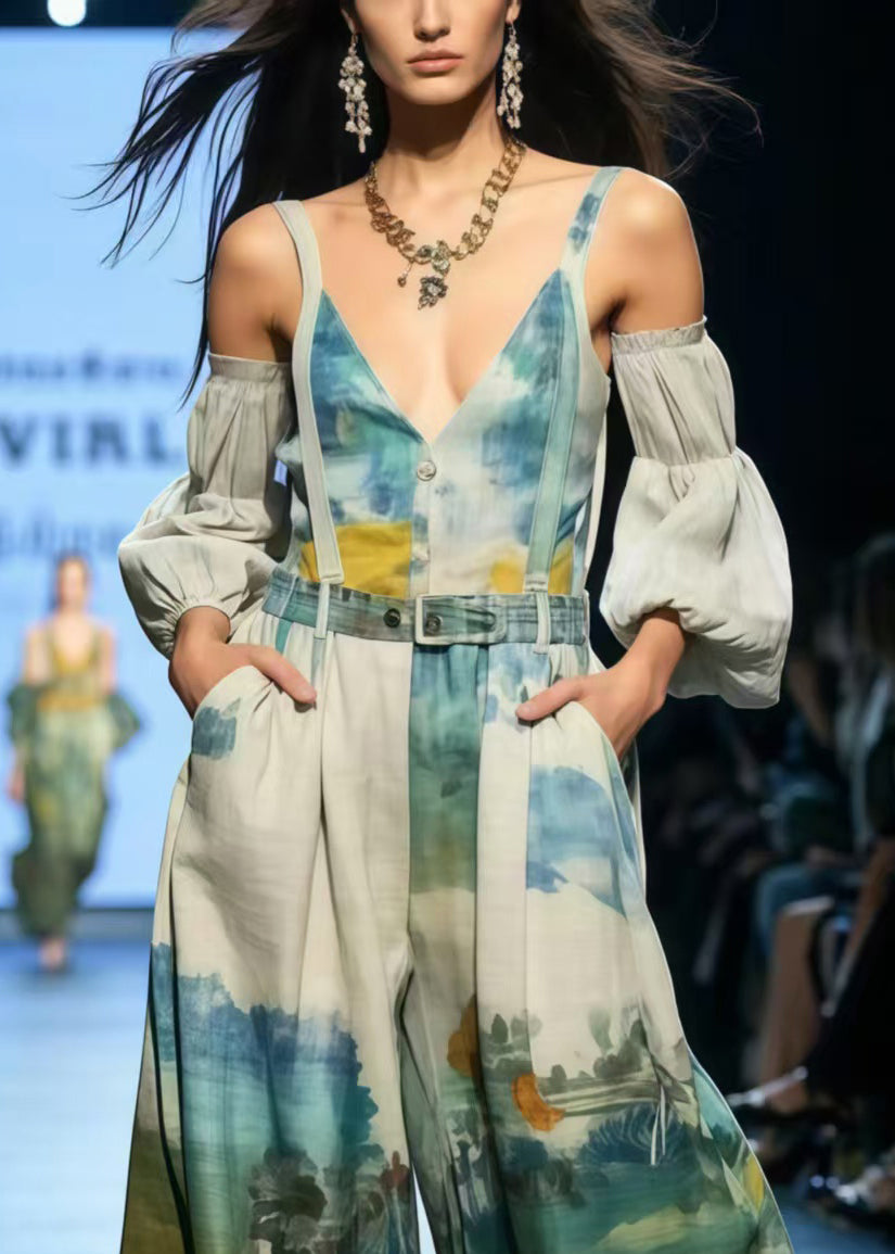 New Retro Cold Shoulder Print Cotton Overalls Jumpsuit Summer
