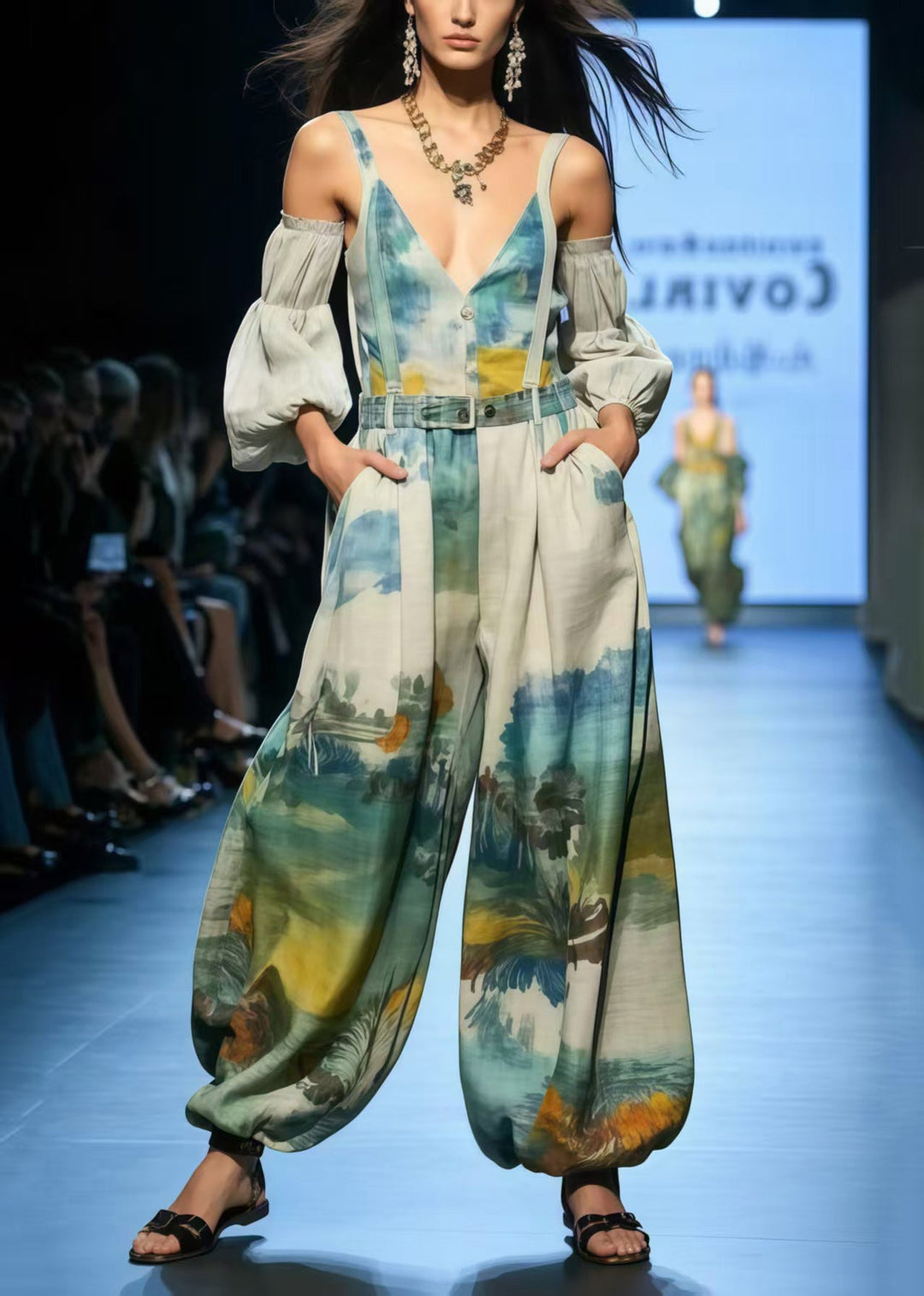 New Retro Cold Shoulder Print Cotton Overalls Jumpsuit Summer