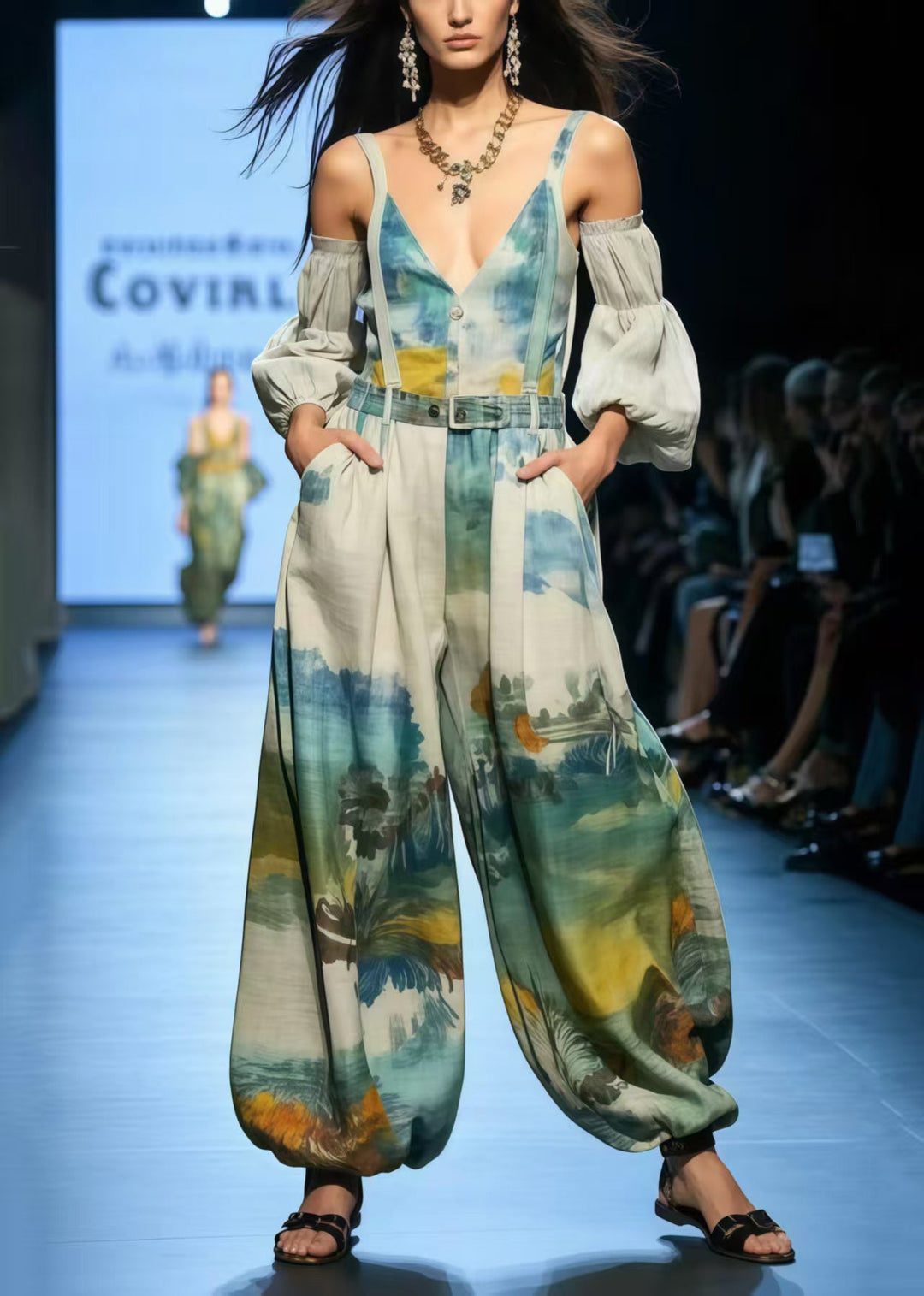 New Retro Cold Shoulder Print Cotton Overalls Jumpsuit Summer