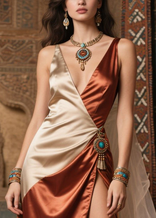 New Retro Colorblock Asymmetrical Patchwork Silk Vestidos Dresses Summer