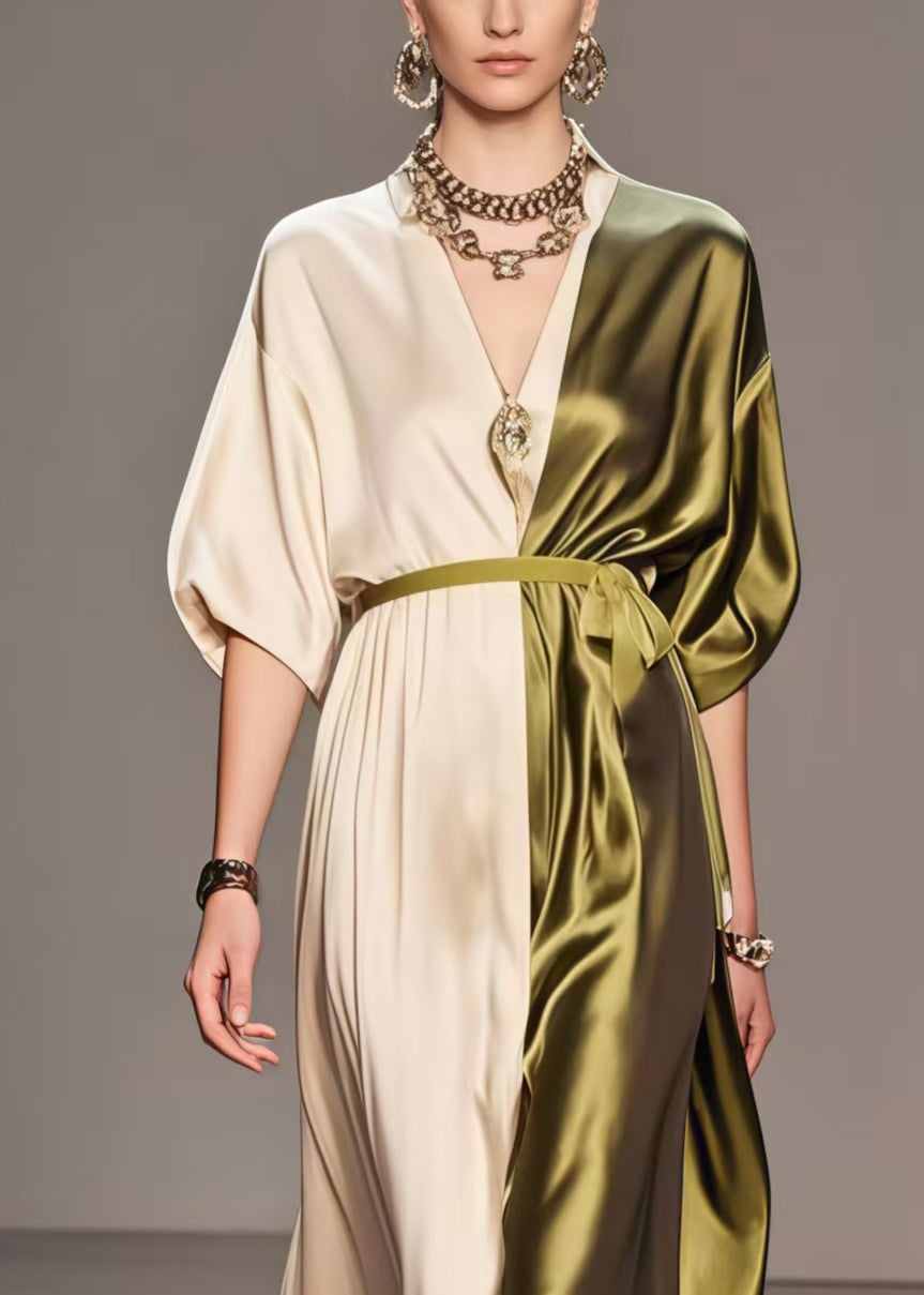 New Retro Colorblock V Neck Patchwork Silk Tunic Dress Summer