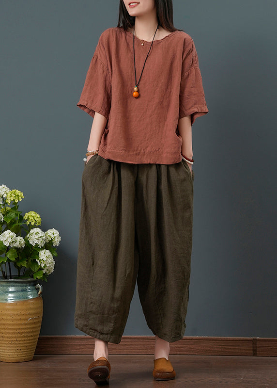 New Retro Dull Red Linen Two Pieces Set Oversized Summer