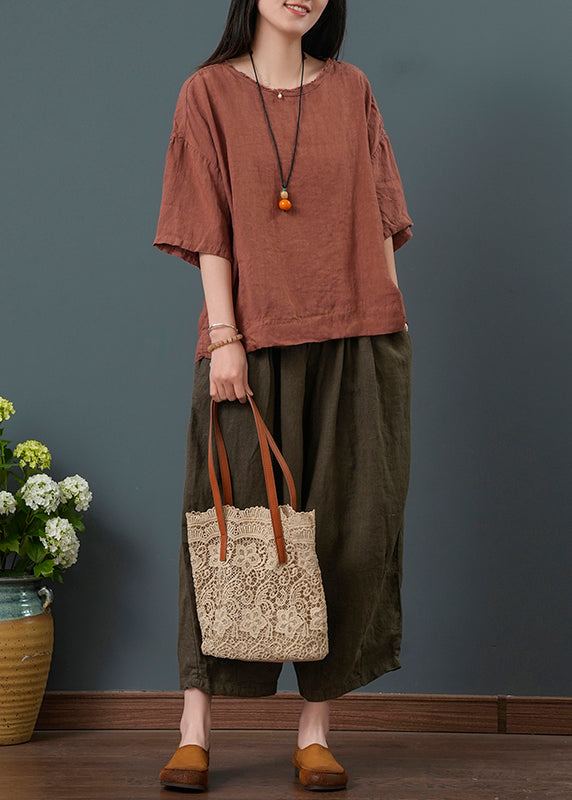 New Retro Dull Red Linen Two Pieces Set Oversized Summer