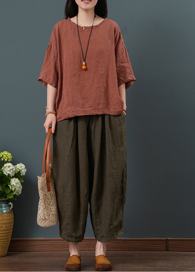 New Retro Dull Red Linen Two Pieces Set Oversized Summer