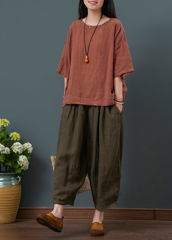 New Retro Dull Red Linen Two Pieces Set Oversized Summer