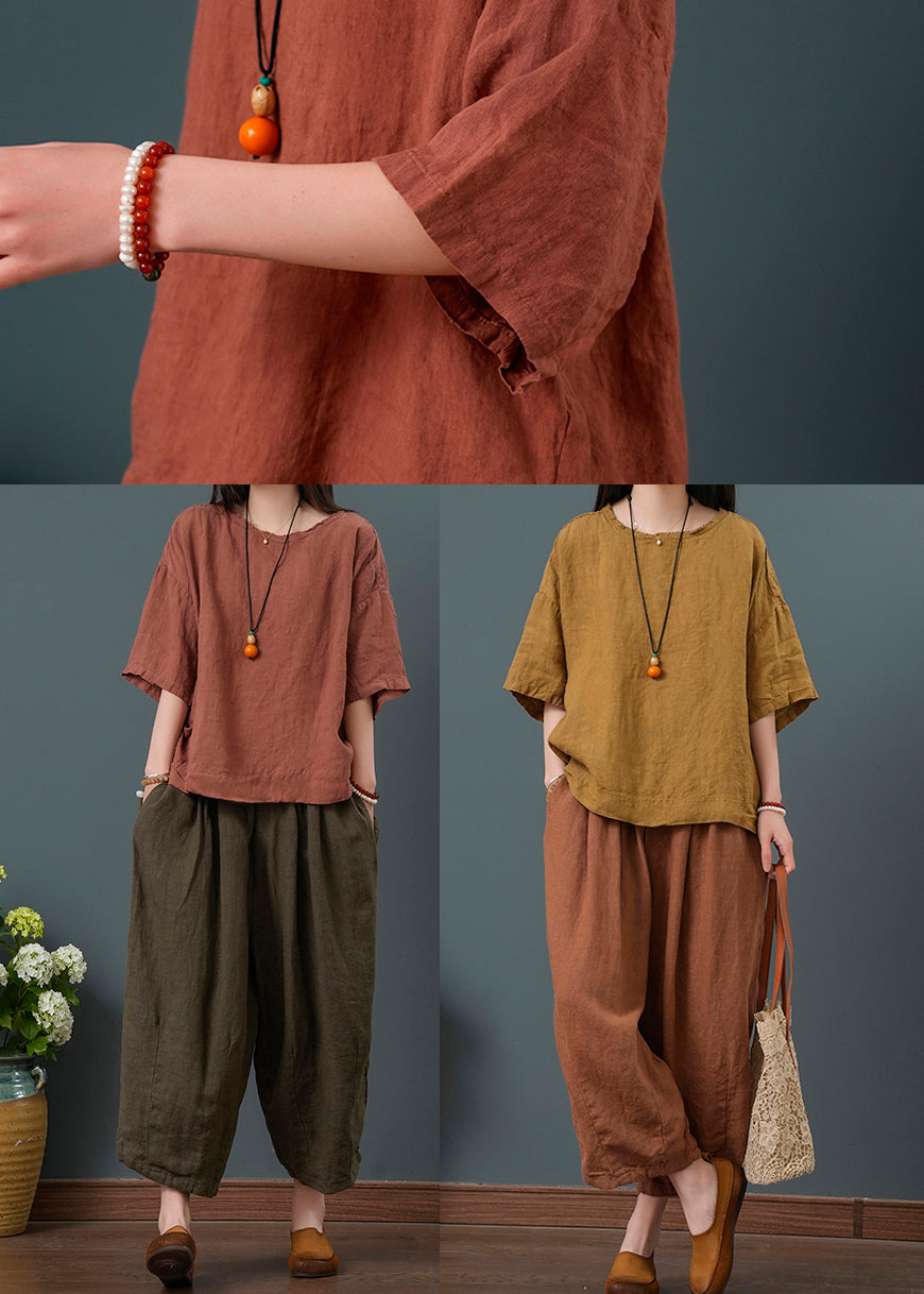 New Retro Dull Red Linen Two Pieces Set Oversized Summer