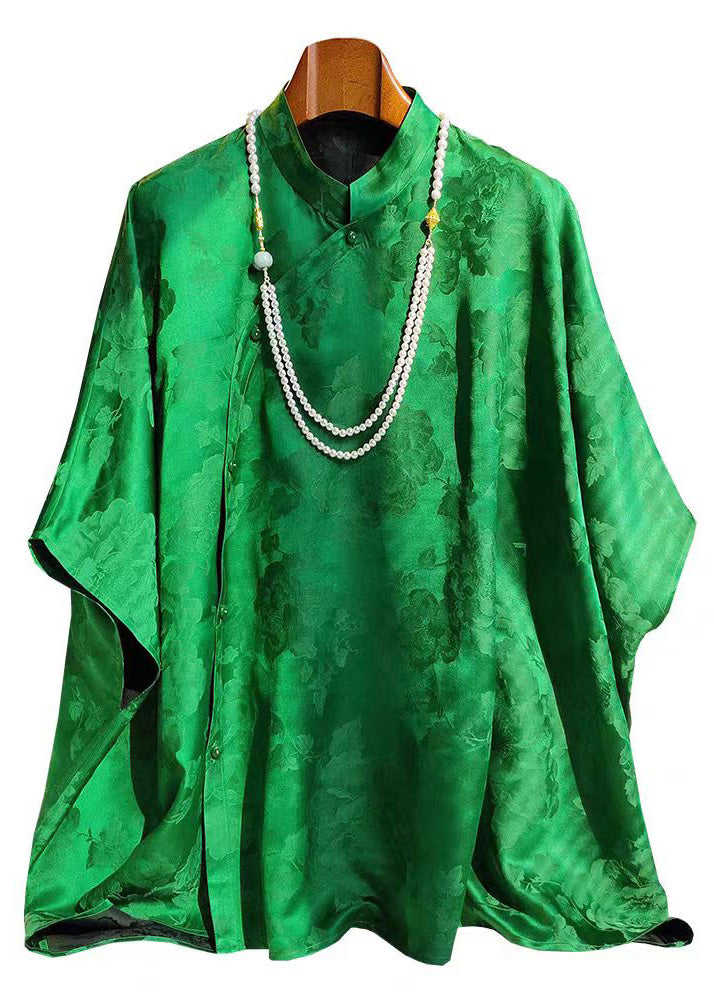 New Retro Green Oversized Jacquard Silk Blouses Summer