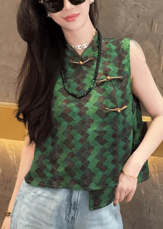 New Retro Green Print Chinese Button Vest Tops Sleeveless