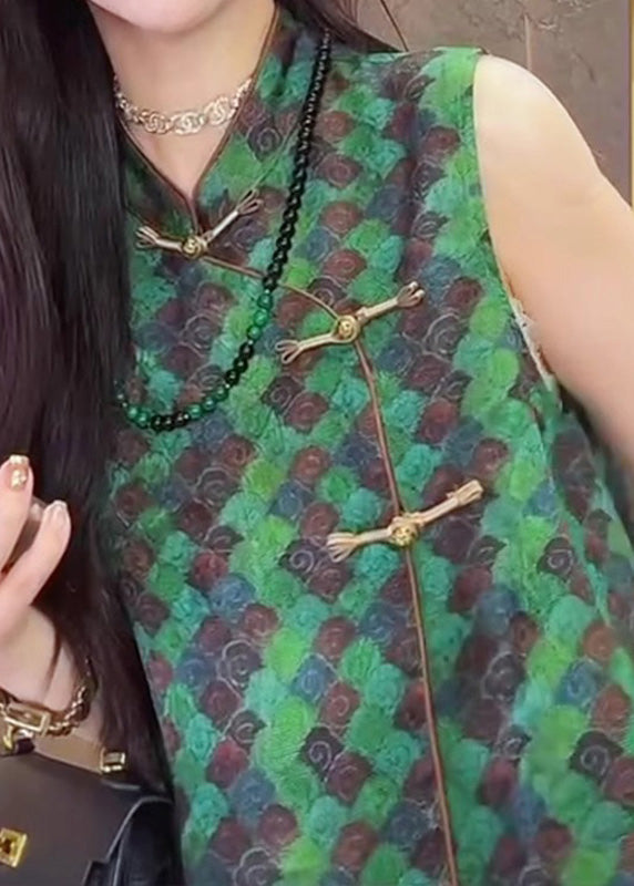 New Retro Green Print Chinese Button Vest Tops Sleeveless