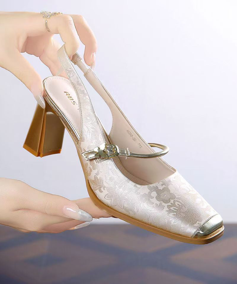 New Retro Green Print Faux Leather Splicing Chunky Heel Sandals