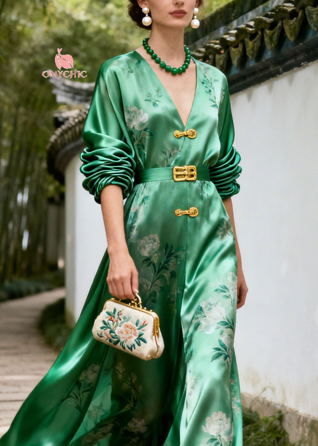 New Retro Green V Neck Print Patchwork Silk Dresses Summer