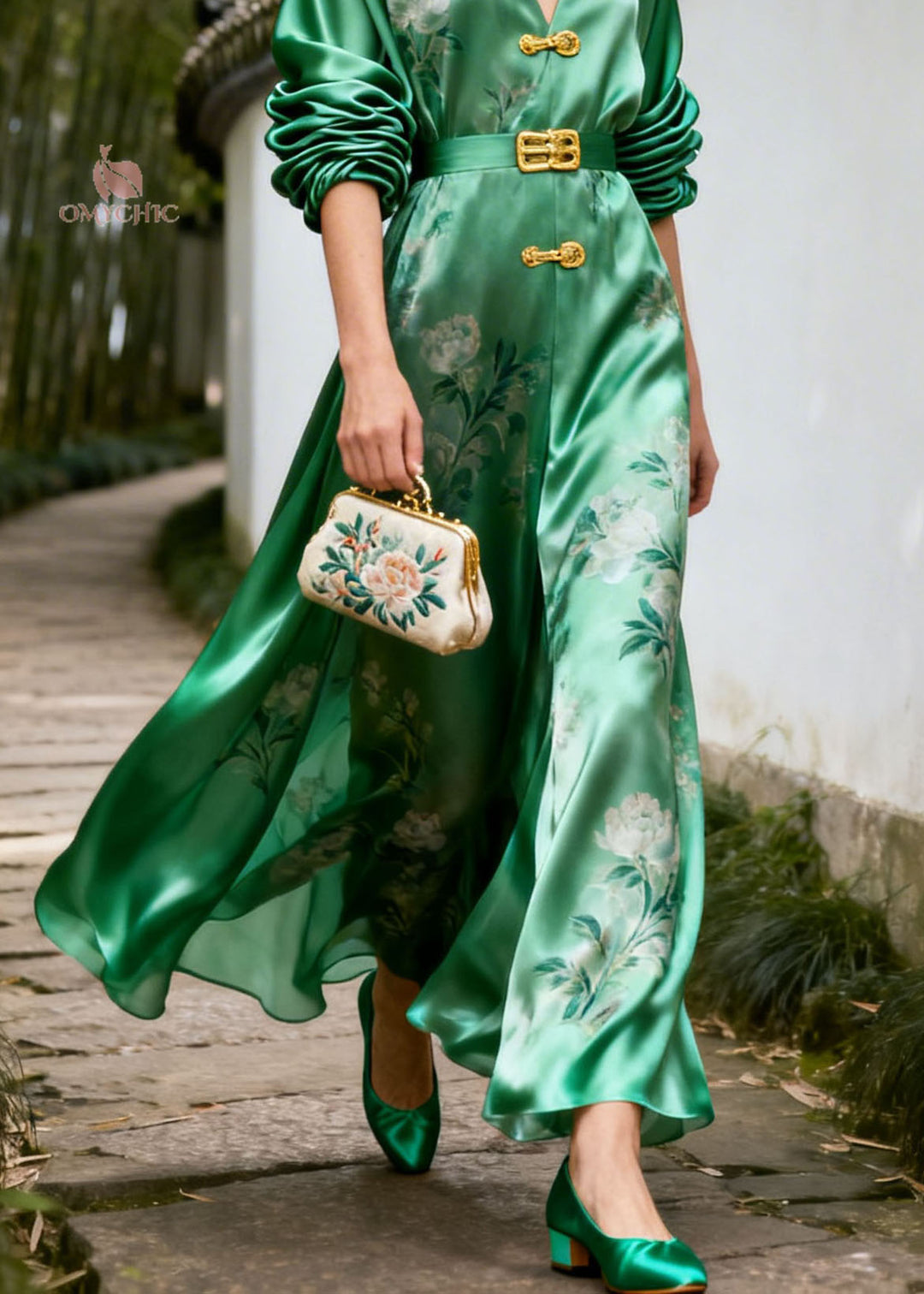 New Retro Green V Neck Print Patchwork Silk Dresses Summer
