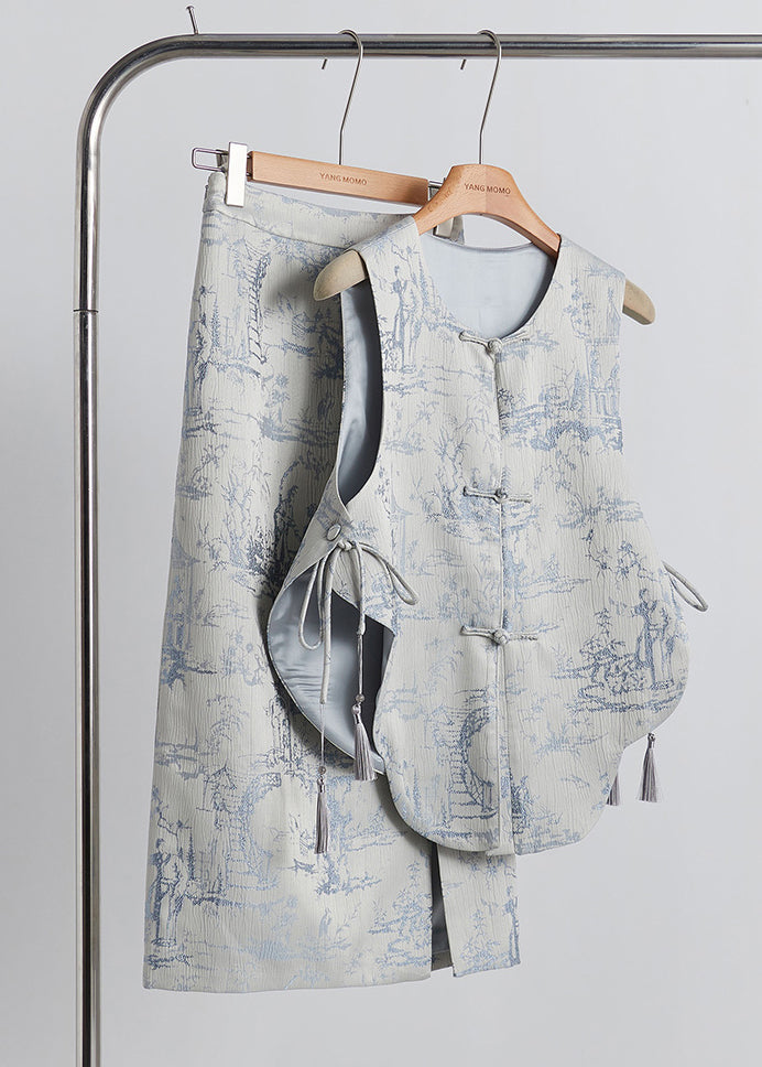 New Retro Grey Jacquard Cotton Two Pieces Set Fall - Omychic