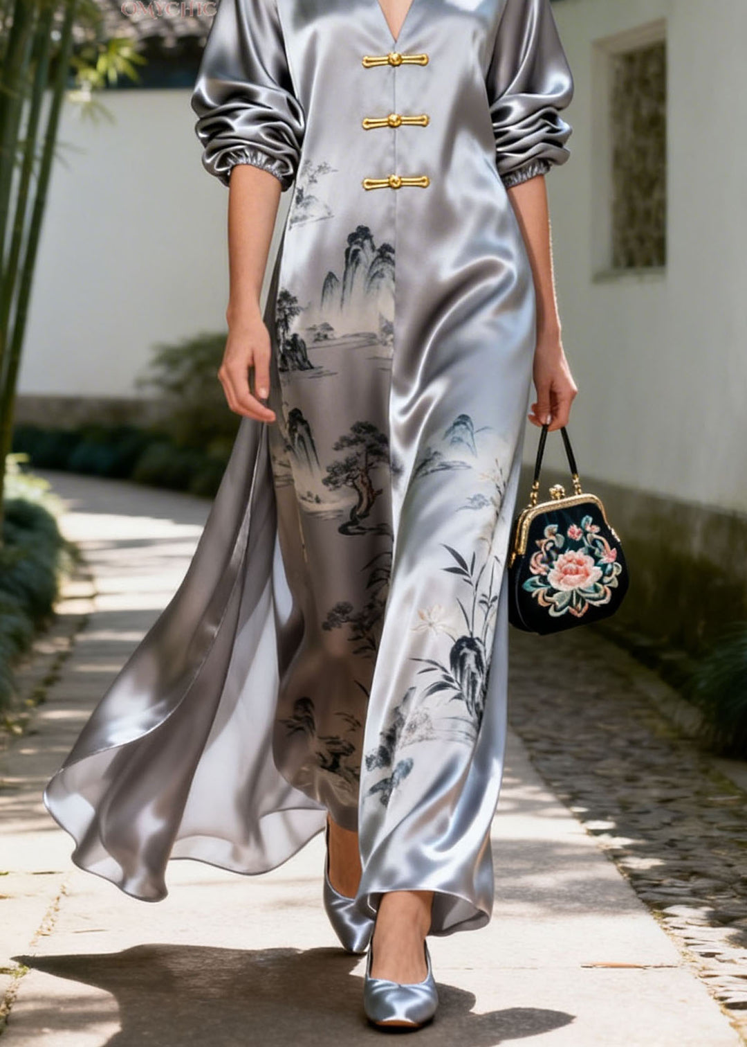 New Retro Grey V Neck Print Silk Long Dresses Summer