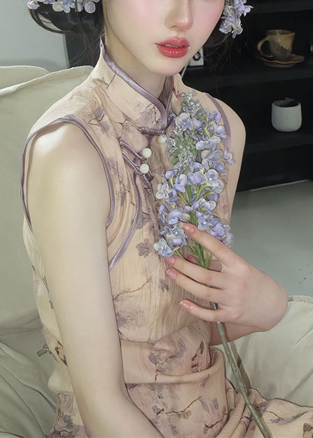 New Retro Khaki Print Cotton Cheongsam Dresses Sleeveless