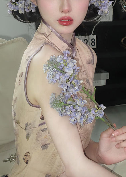 New Retro Khaki Print Cotton Cheongsam Dresses Sleeveless