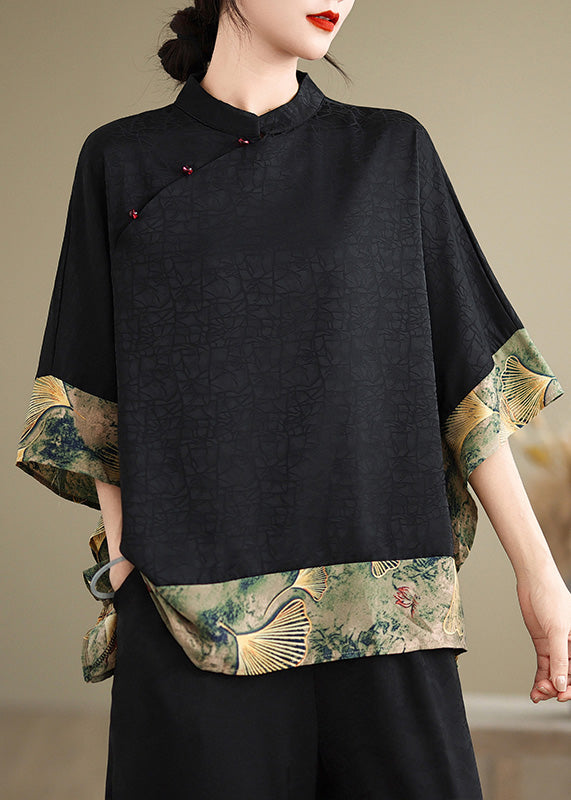 New Retro Khaki Print Patchwork Silk Shirt Tops Half Sleeve