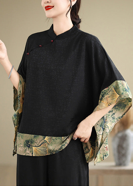 New Retro Khaki Print Patchwork Silk Shirt Tops Half Sleeve