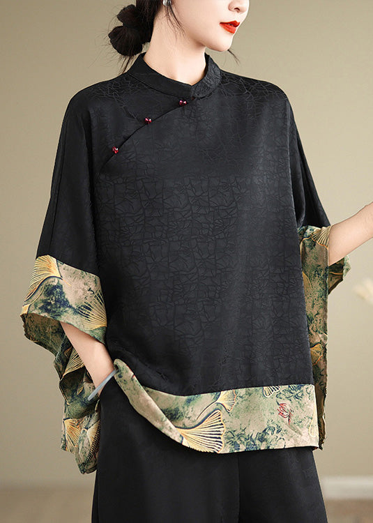 New Retro Khaki Print Patchwork Silk Shirt Tops Half Sleeve