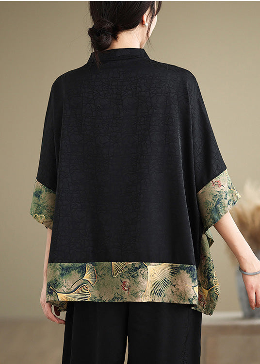 New Retro Khaki Print Patchwork Silk Shirt Tops Half Sleeve