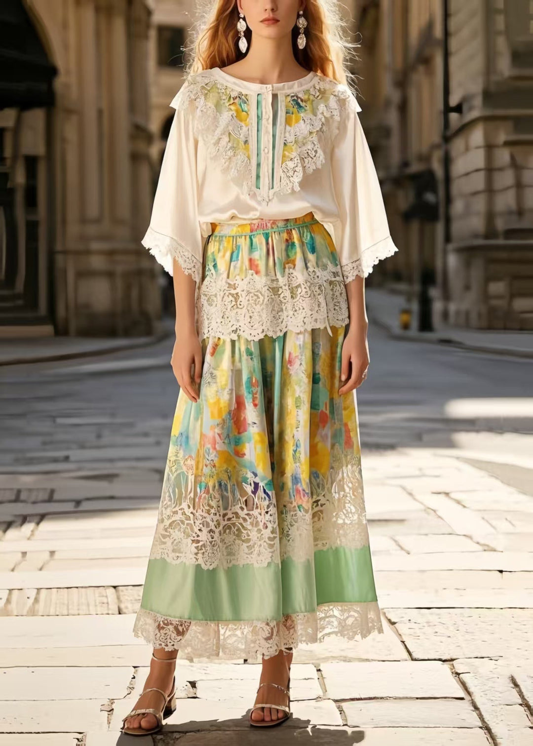 New Retro Light Green Tie Dye Patchwork Lace Ice Silk Skirts Summer
