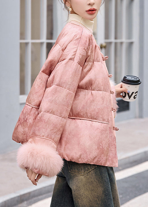 New Retro Pink O Neck Fur Patchwork Duck Down Winter Short Coats