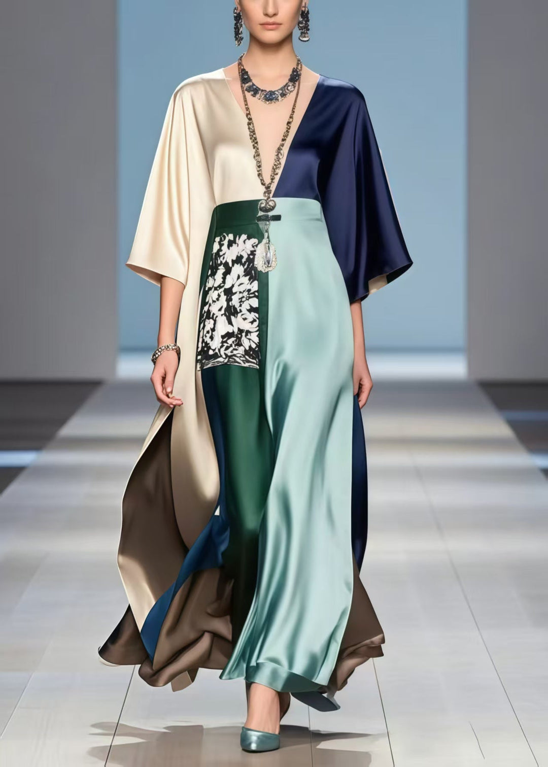 New Retro Polychrome Asymmetrical Design Draping Dress Summer