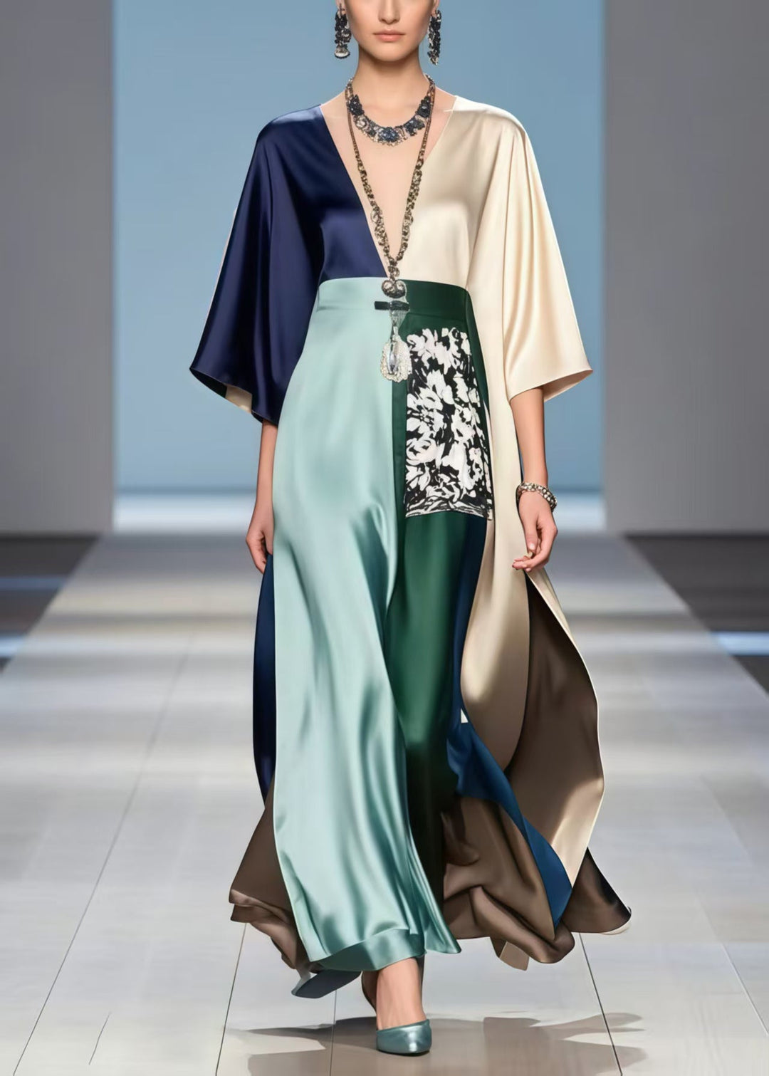 New Retro Polychrome Asymmetrical Design Draping Dress Summer