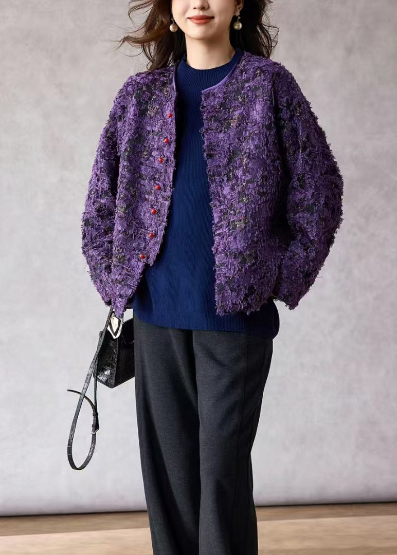 New Retro Purple O Neck Jacquard Cotton Coat Spring
