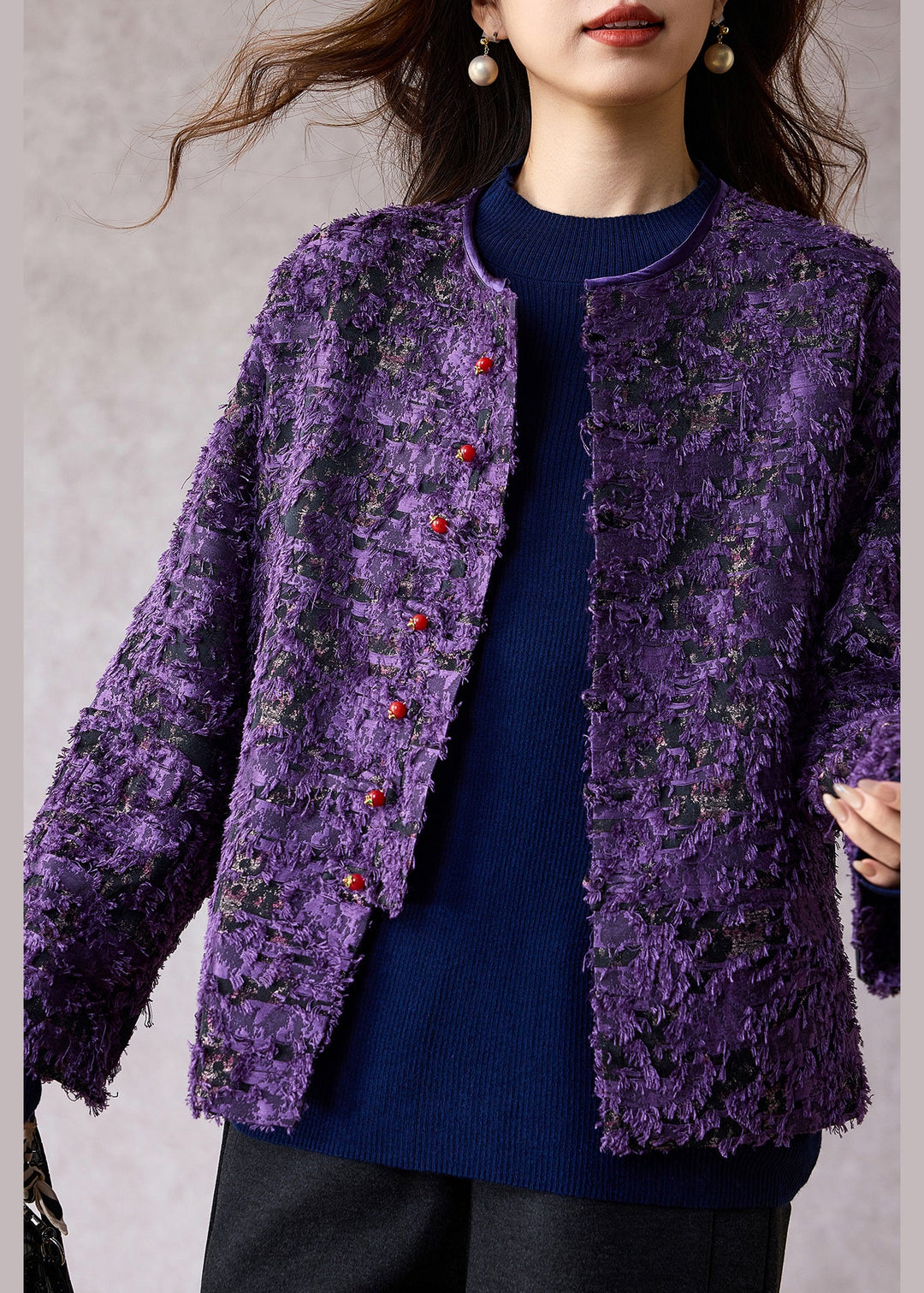 New Retro Purple O Neck Jacquard Cotton Coat Spring