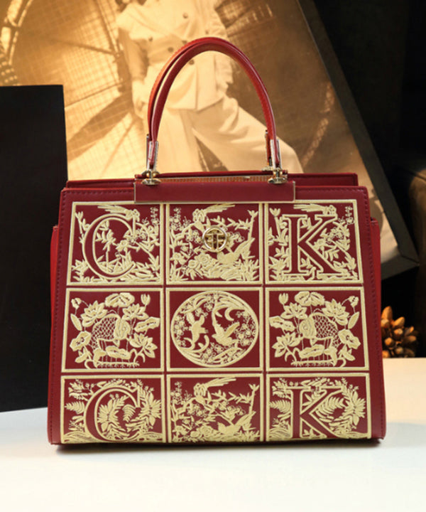 New Retro Red Embroideried Calf Leather Tote Handbag
