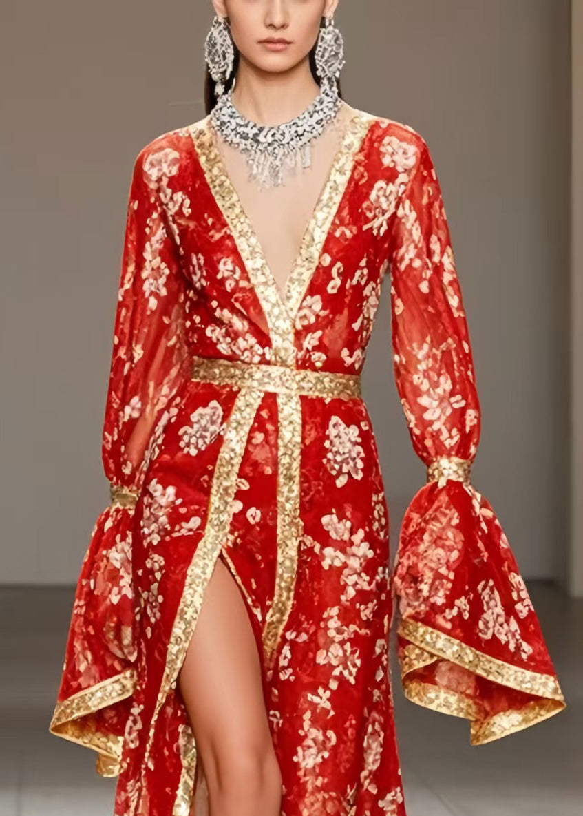 New Retro Red Print Side Open Chiffon Wedding Dress Flare Sleeve