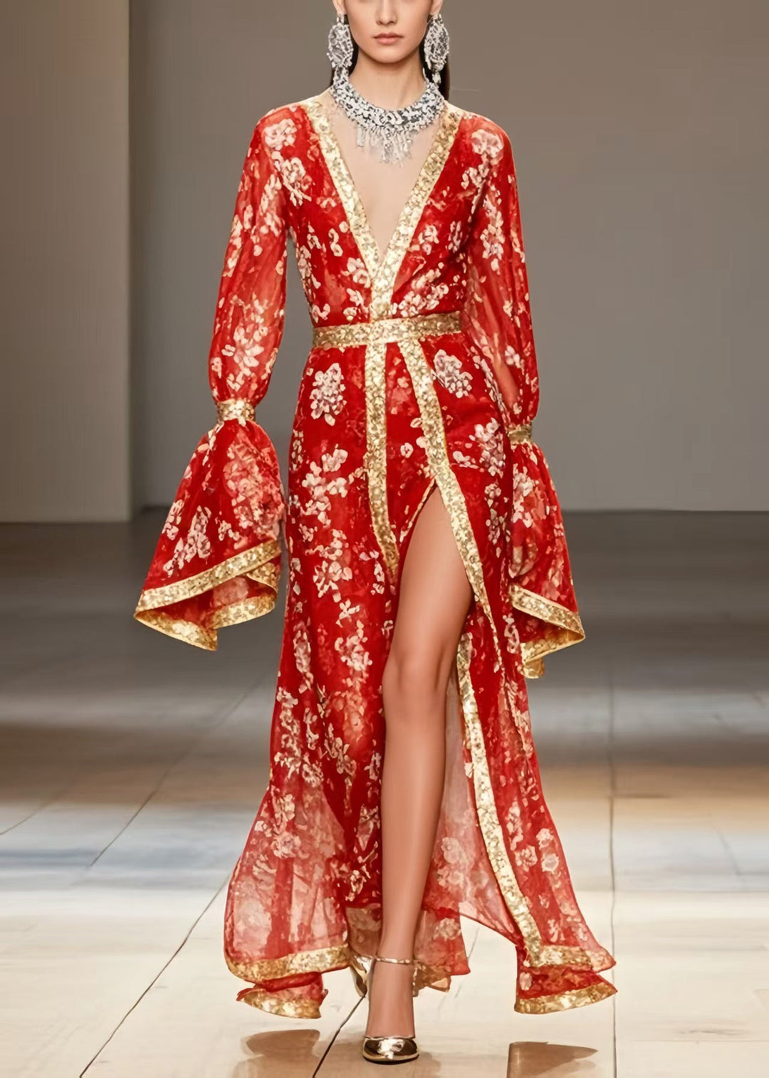 New Retro Red Print Side Open Chiffon Wedding Dress Flare Sleeve