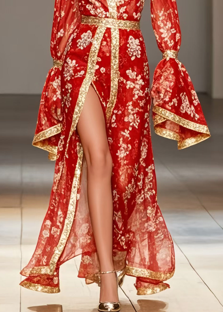 New Retro Red Print Side Open Chiffon Wedding Dress Flare Sleeve
