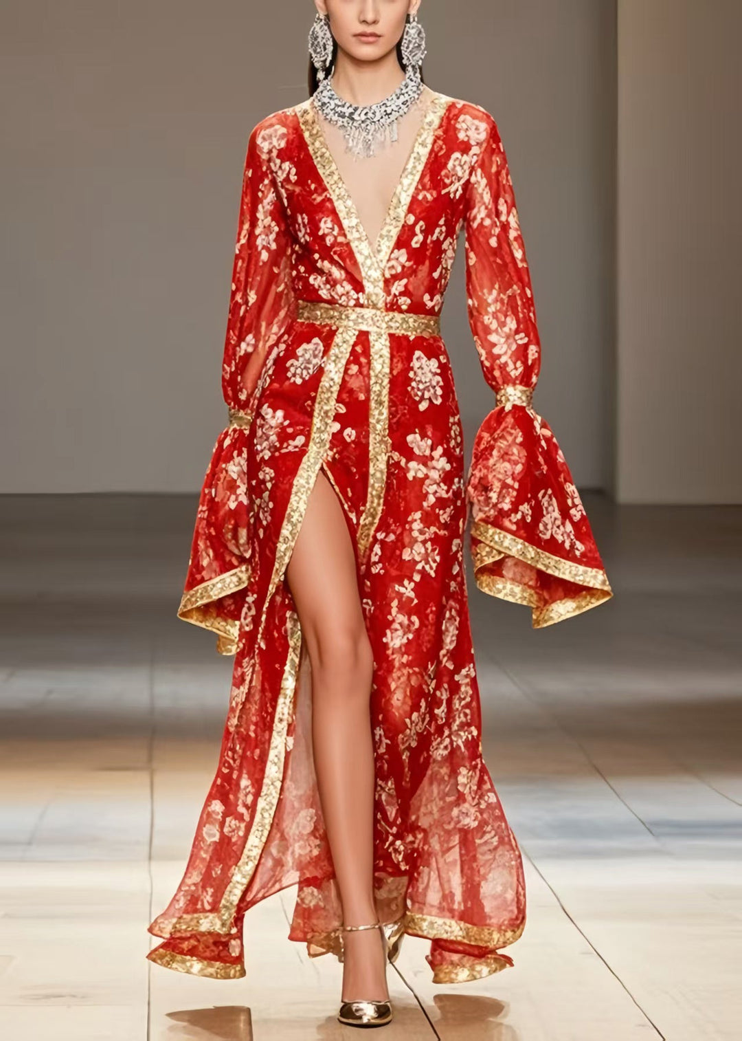 New Retro Red Print Side Open Chiffon Wedding Dress Flare Sleeve