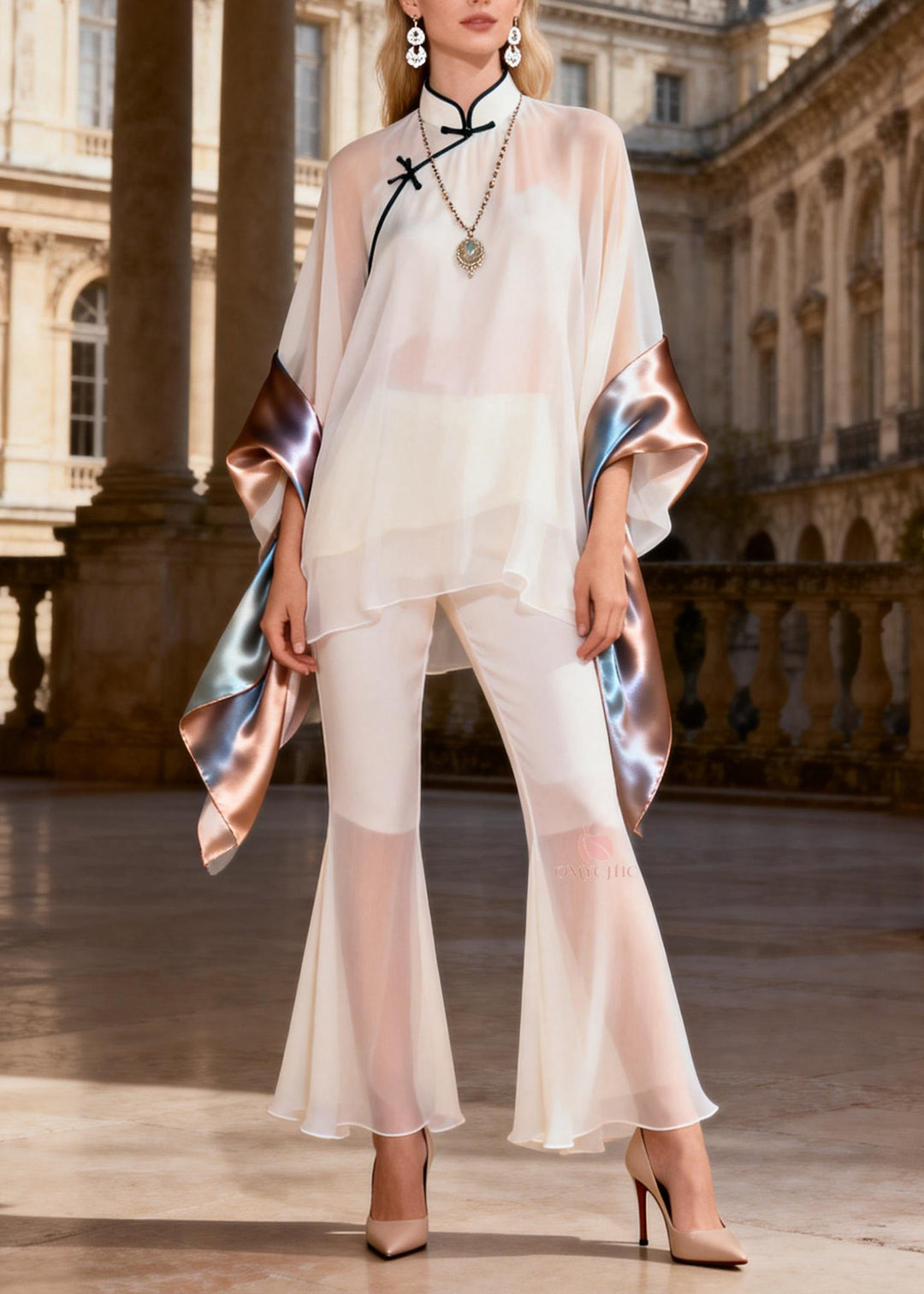 New Retro Stand Collar Oriental Button Silk Two Pieces Set Summer