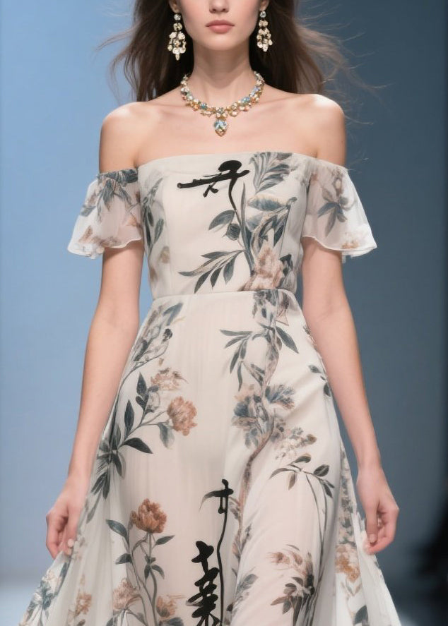 New Retro White Cold Shoulder Print Chiffon Dress Summer