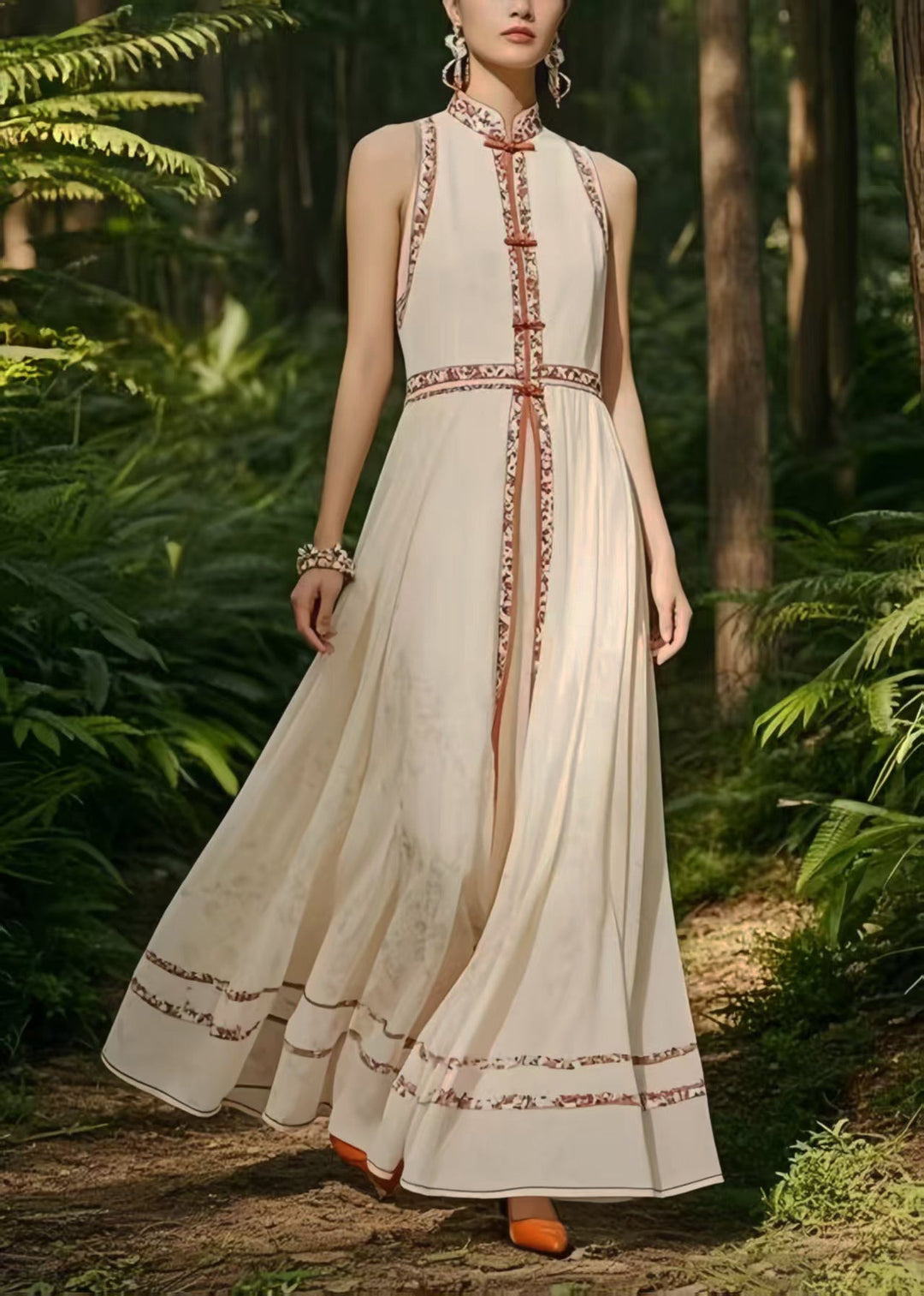 New Retro White Mandarin Collar Exra Large Hem Chiffon Oriental Dress Sleeveless