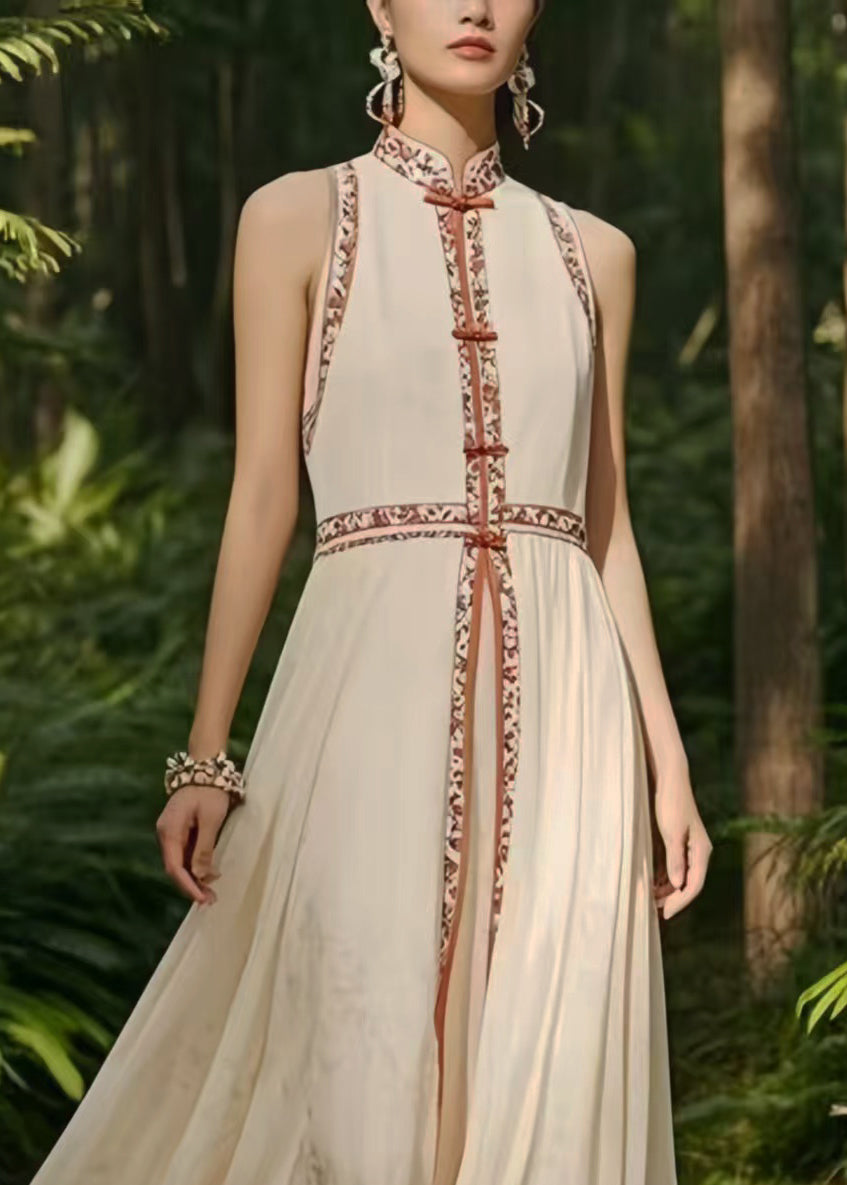 New Retro White Mandarin Collar Exra Large Hem Chiffon Oriental Dress Sleeveless